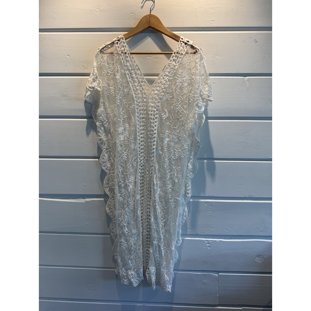 Ivory White Lace Embroidered Kaftan Beach Cover Up Boho Crochet Trim OS